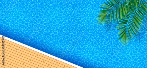 Summer time vector illustration. Swimming pool top view background. Watery ripple texture and tropical palm leaves with shadows. Pool party design for vacation wallpapers and cards, travel promo