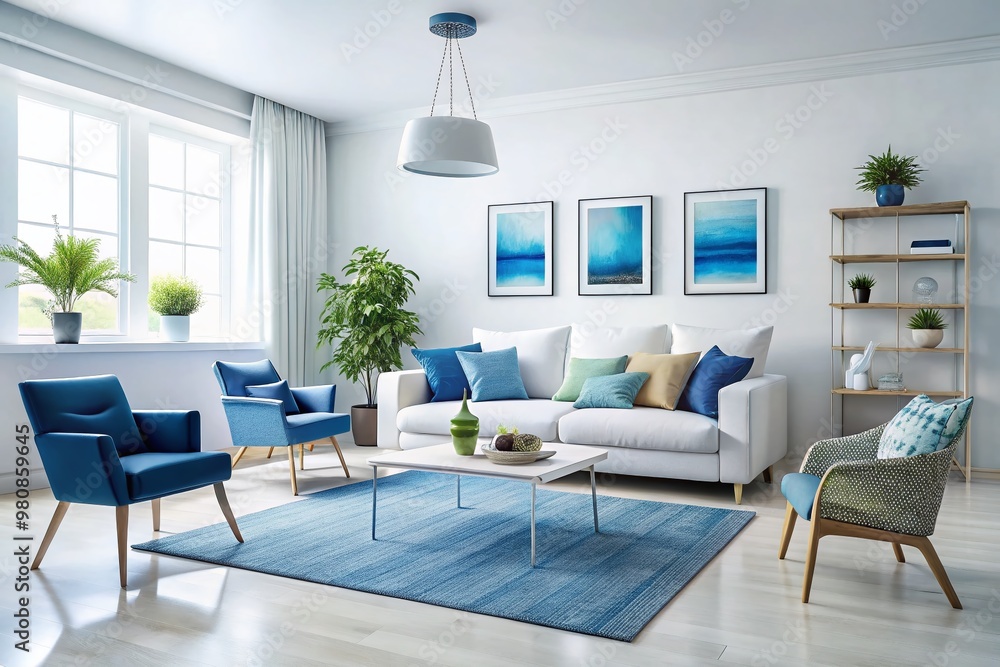 Crisp white walls and furniture complemented by soothing blue accents create a calming and serene atmosphere in this Crisp white walls and furniture complemented by soothing blue accents create a calming and serene atmosphere in this