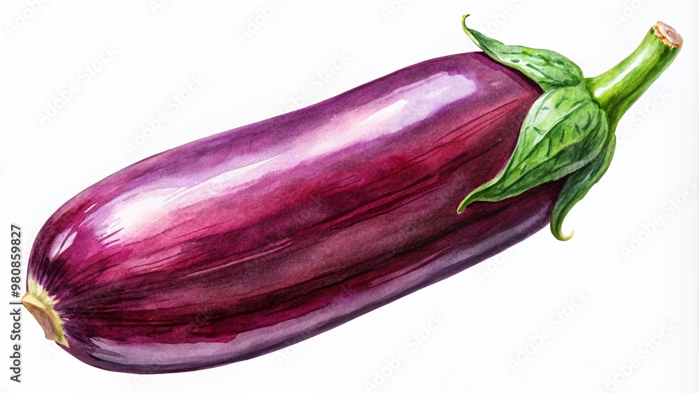 Vibrant, detailed, hand-drawn watercolor illustration of a fresh, organic, whole, long, purple Japanese eggplant on a transparent background, highlighting its natural beauty. Vibrant, detailed, hand-drawn watercolor illustration of a fresh, organic, whole, long, purple Japanese eggplant on a transparent background, highlighting its natural beauty.