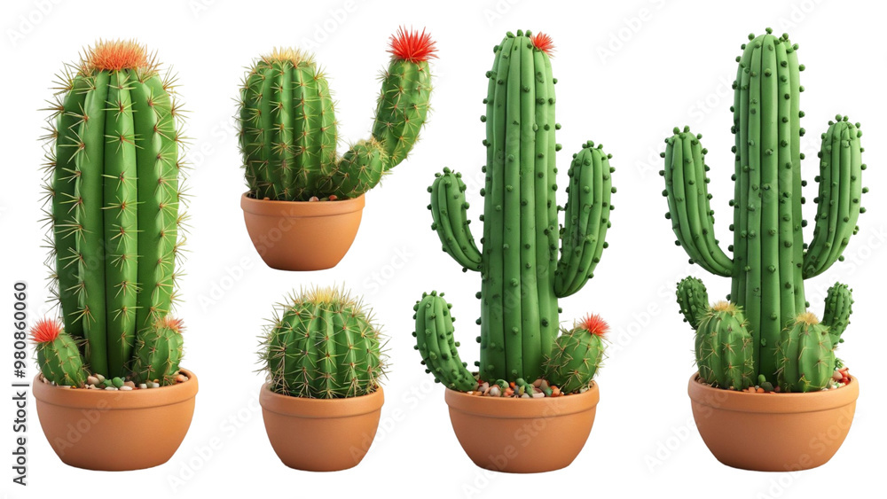 Set of 3D cactus plants on a white background Set of 3D cactus plants on a white background