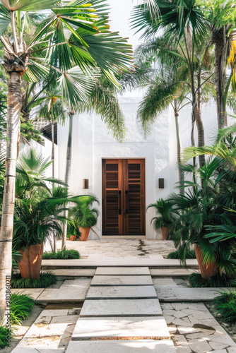 Entrance wooden door of a private house. The door at the front is framed by lush green palm trees and tropical foliage. A large stone path lined with concrete tiles leads to the entrance.