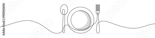 Continuous line drawing of plate with fork and spoon . Single line drawing of a silhouette of a cutleries. Line art of plate with fork and spoon