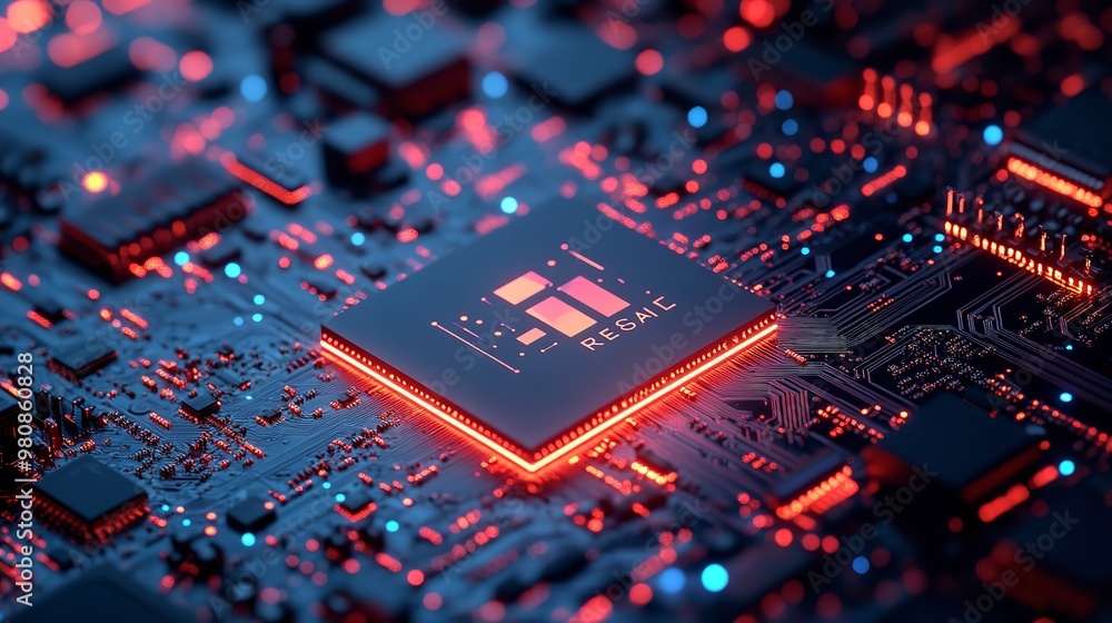 A processor unit that uses artificial intelligence. Powerful Quantum AI component on PCB motherboard with data transfers. A processor unit that uses artificial intelligence. Powerful Quantum AI component on PCB motherboard with data transfers.