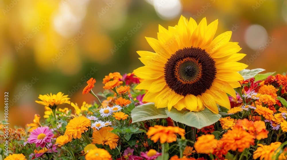 Fototapeta premium Vibrant sunflower surrounded by a colorful array of seasonal flowers, capturing the beauty of a blooming garden during summer