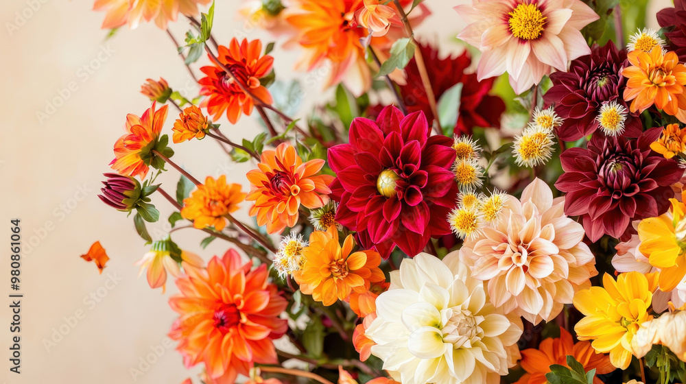 Vibrant bouquet of various flowers featuring colorful dahlias, zinnias, and wildflowers, arranged artistically against a soft background Vibrant bouquet of various flowers featuring colorful dahlias, zinnias, and wildflowers, arranged artistically against a soft background