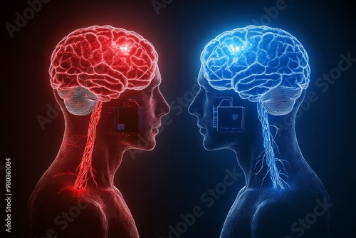 Red and blue glowing brains of two individuals facing each other symbolizing dual perspectives cognitive processes and the relationship between human thought and artificial intelligence