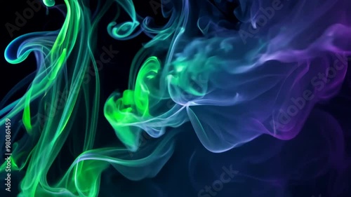 Colorful swirling smoke on dark background with neon green and purple hues photo