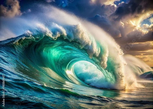 Massive turquoise wave crashes against the horizon, foamy crest blown off in the wind, as sunlight dances across its undulating surface in ocean's majestic display.