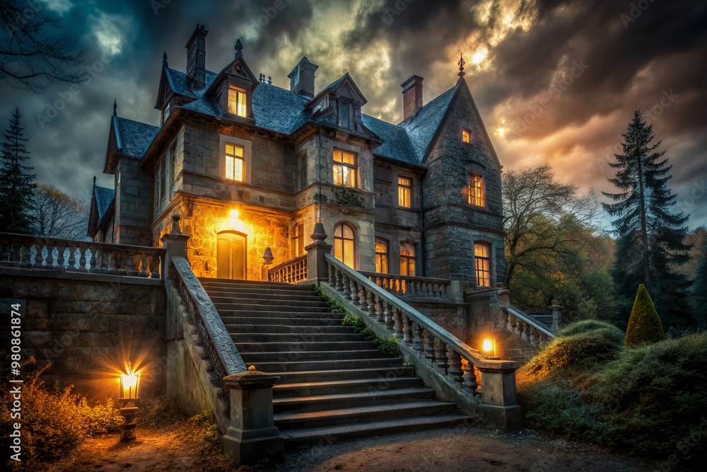 A foreboding, centuries-old mansion looms in the darkness, its eerie staircase shrouded in mist, illuminated by a glowing, ethereal specter, casting an otherworldly glow. A foreboding, centuries-old mansion looms in the darkness, its eerie staircase shrouded in mist, illuminated by a glowing, ethereal specter, casting an otherworldly glow.