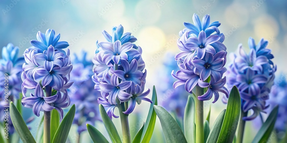 Delicate blue hyacinth flowers sway gently in a soft breeze, their vibrant petals and delicate stems set against Delicate blue hyacinth flowers sway gently in a soft breeze, their vibrant petals and delicate stems set against