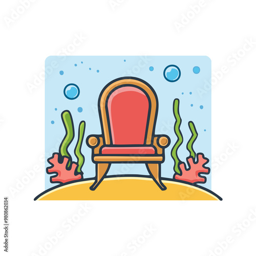 A throne underwater with seaweed and coral reefs vector art illustration design. 
