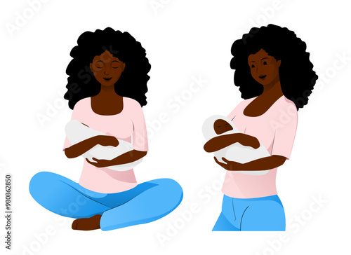 Set of african american mother holding newborn baby