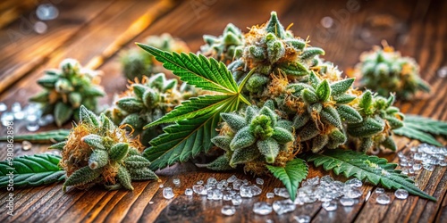 Vibrant green cannabis buds with crystal-like trichomes and orange pistils scattered across a natural wood table, surrounded by scattered leaves and trimmed stems. photo