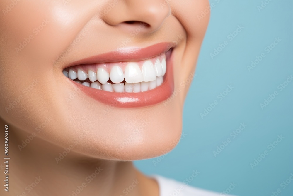 Obraz premium Women showing beautiful white smile teeth adult blue.