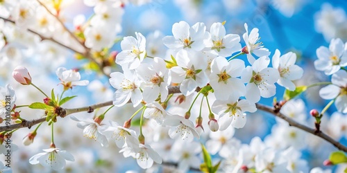 Delicate white cherry blossoms unfold against a soft blue sky, their intricate petals and slender branches evoking a