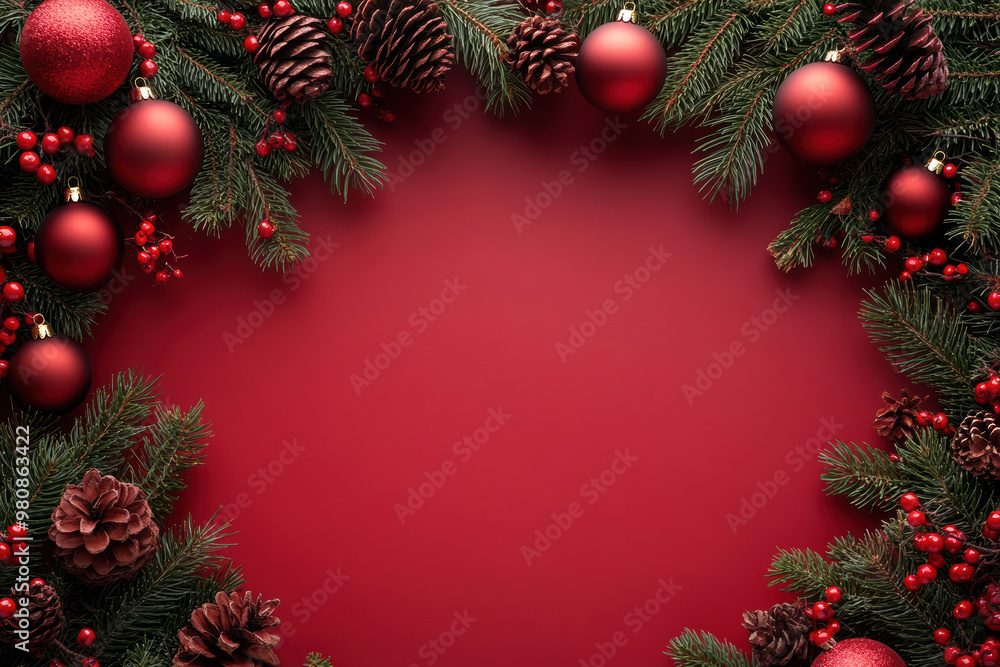 Red Ornaments and Pine Branches Red Ornaments and Pine Branches