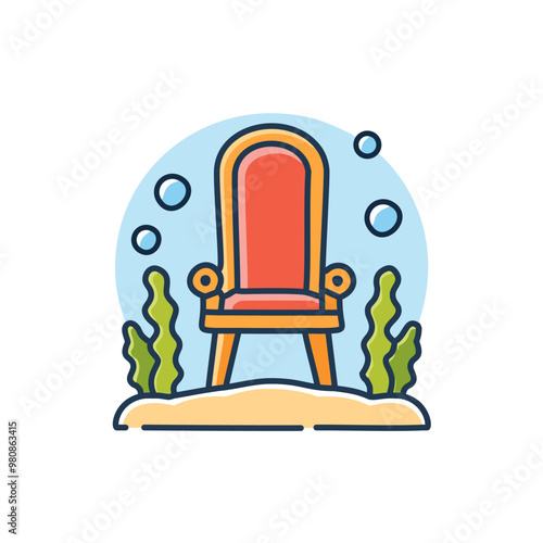 A throne underwater with seaweed and coral reefs vector art illustration design. 