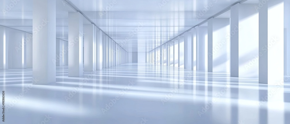 Empty white hallway with pillars and windows casting long shadows. Empty white hallway with pillars and windows casting long shadows.