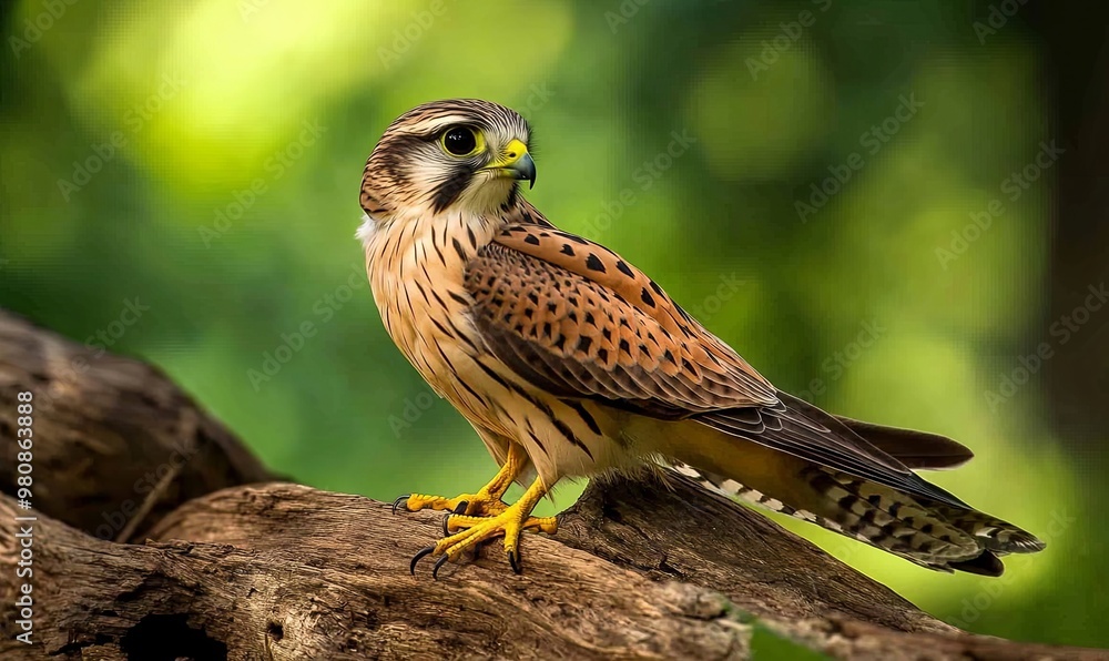 A close-up of a small, brown and white falcon perched on a branch with a blurred green background. A close-up of a small, brown and white falcon perched on a branch with a blurred green background.