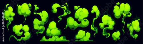 Cartoon bad green smell clouds. Vector set of smelling smoke, stinky aroma and dirt toxic steam. Stink breath and fart stench conveys concept of unpleasant odor, pollution, and invisible air particles