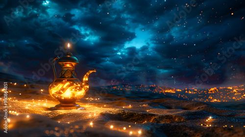 Magic lamp with genie in the desert at night photo