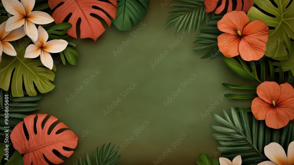 Layered botanical background featuring a variety of tropical leaves and flowers, organic textures with warm, natural lighting Layered botanical background featuring a variety of tropical leaves and flowers, organic textures with warm, natural lighting