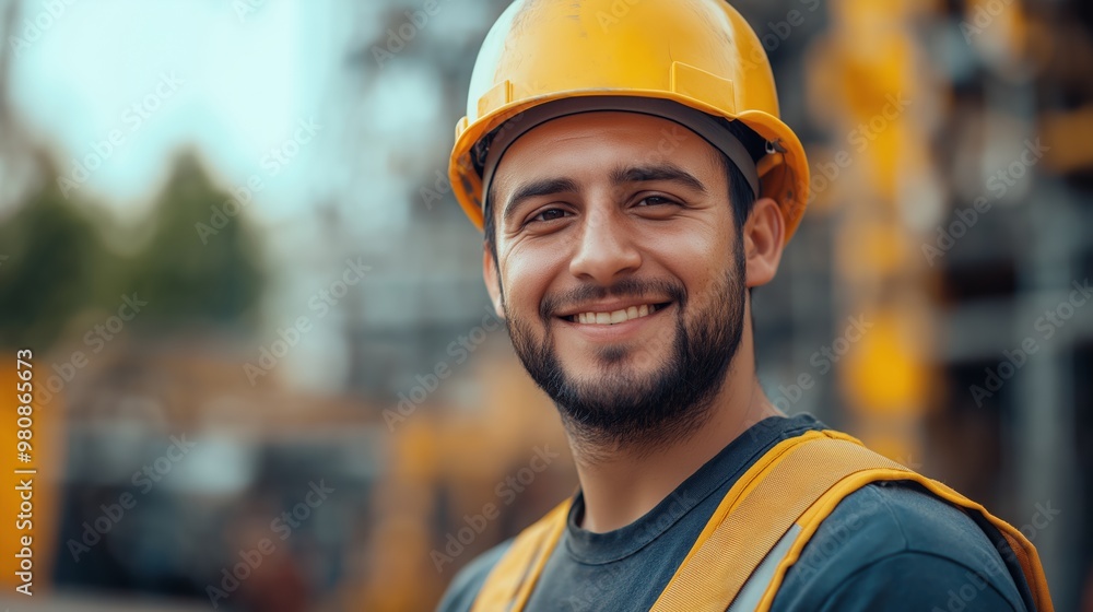 A construction worker with a yellow helmet and safety vest is grinning. He is wearing a yellow helmet and a yellow vest, which are essential for his safety on the job site A construction worker with a yellow helmet and safety vest is grinning. He is wearing a yellow helmet and a yellow vest, which are essential for his safety on the job site
