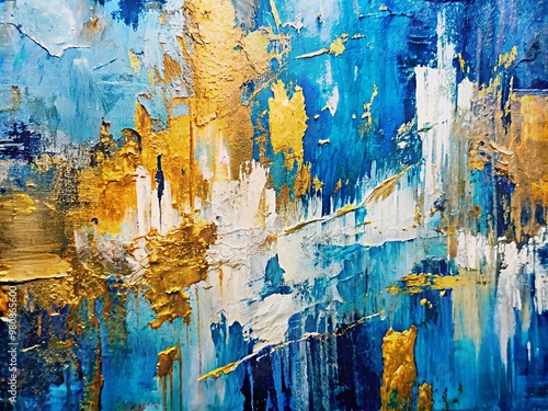 Vibrant abstract art piece featuring rough, expressive brushstrokes and textured palette knife strokes in blue, white, and gold hues on a canvas background. photo