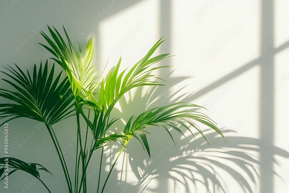 A plant with green leaves casts its shadow on a white wall. The sunlight shines through a window. A plant with green leaves casts its shadow on a white wall. The sunlight shines through a window.