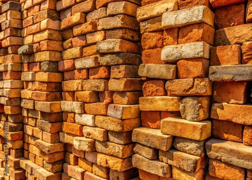 Earthy, sun-baked bricks made from natural clay and earthy minerals stacked rusticly, evoking a sense of ancient, worn, photo