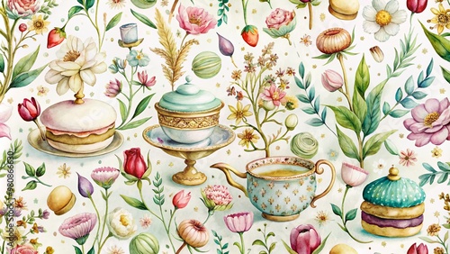 Delicate watercolor illustration of an enchanted garden with tiny flowers, ornate gold accents, and afternoon tea macarons in a whimsical, seamless repeating pattern.