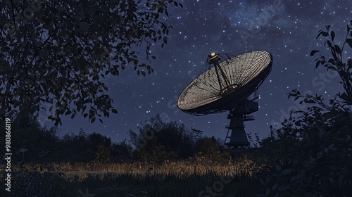 A large satellite dish stands in a field under a starry night sky.