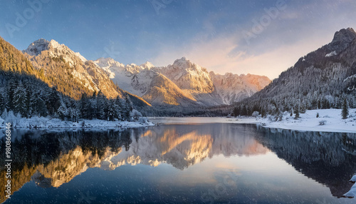 Sunrise over snowy mountains, resulting in mountains reflected in the icy lake under the morning sunlight. Stunning winter panoramic nature scenery in a mountain valley with falling snow