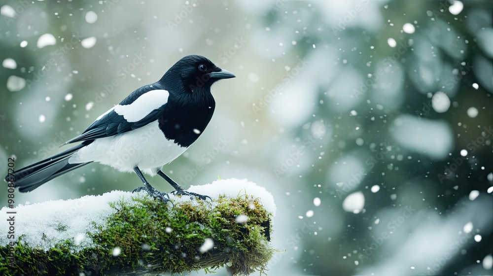 Fototapeta premium A black and white magpie perches on a snow-covered branch in a winter forest, with snowflakes falling around it.