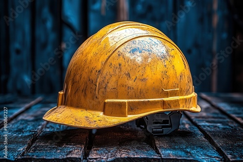 iconic yellow construction helmet on weathered wooden table dramatic lighting emphasizing safety and durability subtle textures and reflections