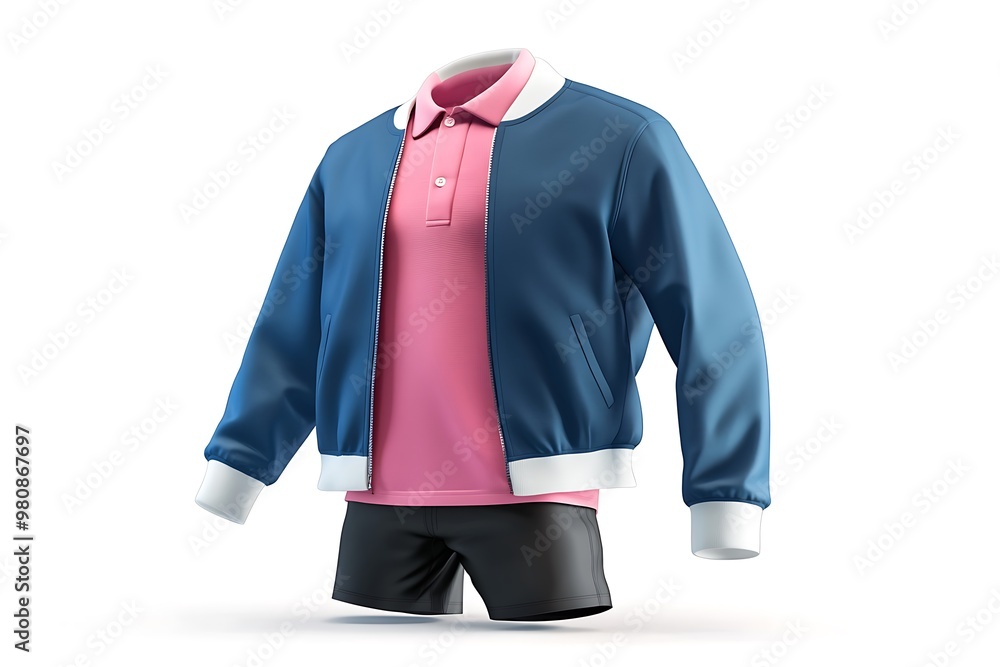 men's black hooded jacket, pink shirt with a button-down collar and sports blue shorts isolated on white background. men's black hooded jacket, pink shirt with a button-down collar and sports blue shorts isolated on white background.