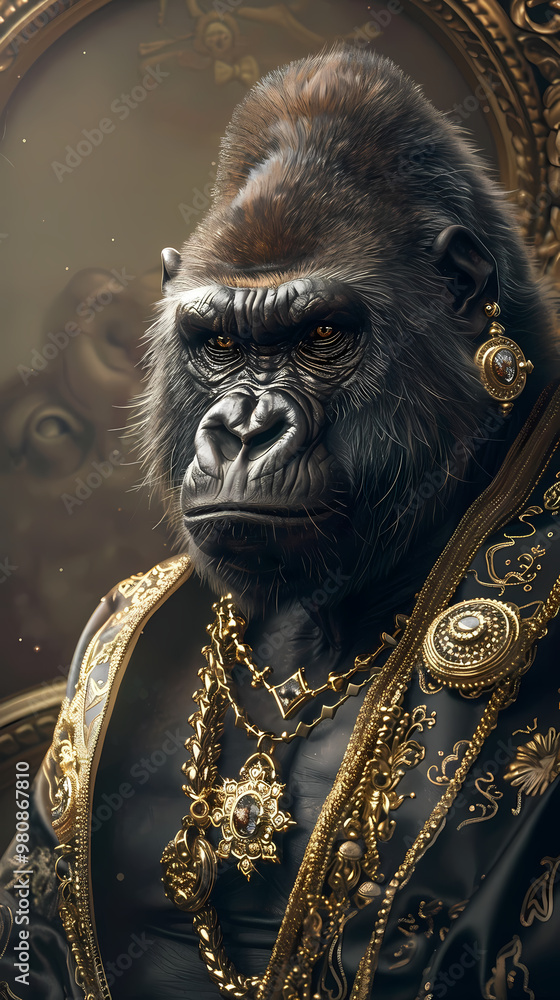 Obraz premium Luxurious gorilla with an open tail, full face, jewelry