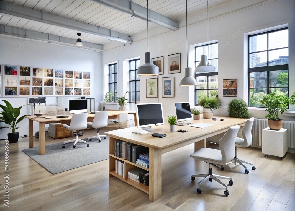 Elegant, modern interior design studio with sleek desks, design software, and inspirational mood boards, perfect for Elegant, modern interior design studio with sleek desks, design software, and inspirational mood boards, perfect for