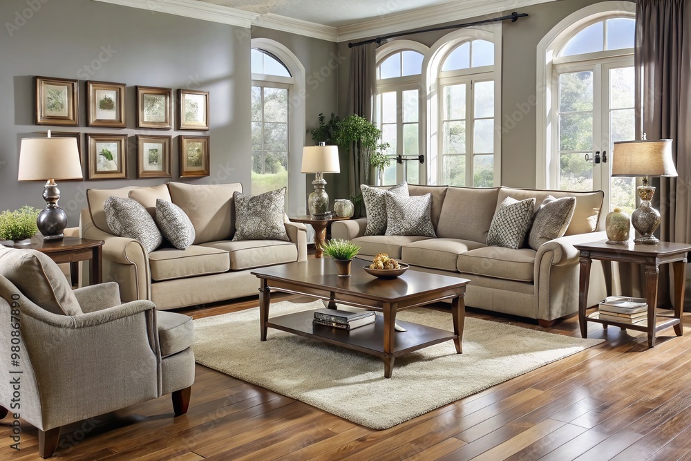 Elegant, modern living room furniture set with seven matching pieces, including sofa, loveseat, armchair, coffee table, Elegant, modern living room furniture set with seven matching pieces, including sofa, loveseat, armchair, coffee table,