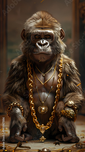 Luxurious gorilla with an open tail, full face, jewelry