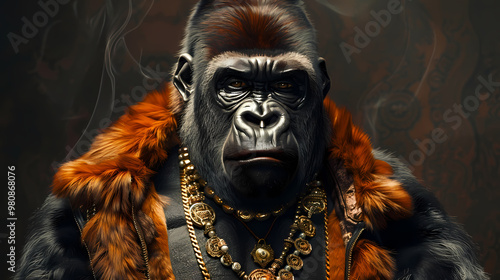 Luxurious gorilla with an open tail, full face, jewelry