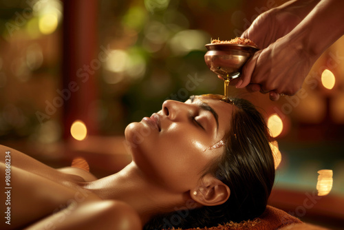 A woman undergoing Ayurvedic herbal oil massage in a spa photo