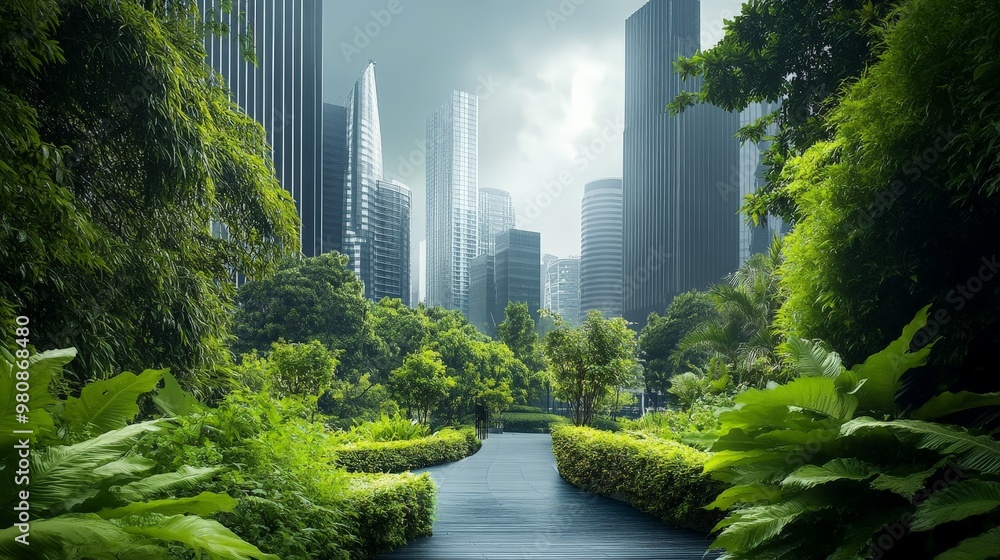 Fototapeta premium A cityscape where nature and business coexist, symbolizing a thriving green economy