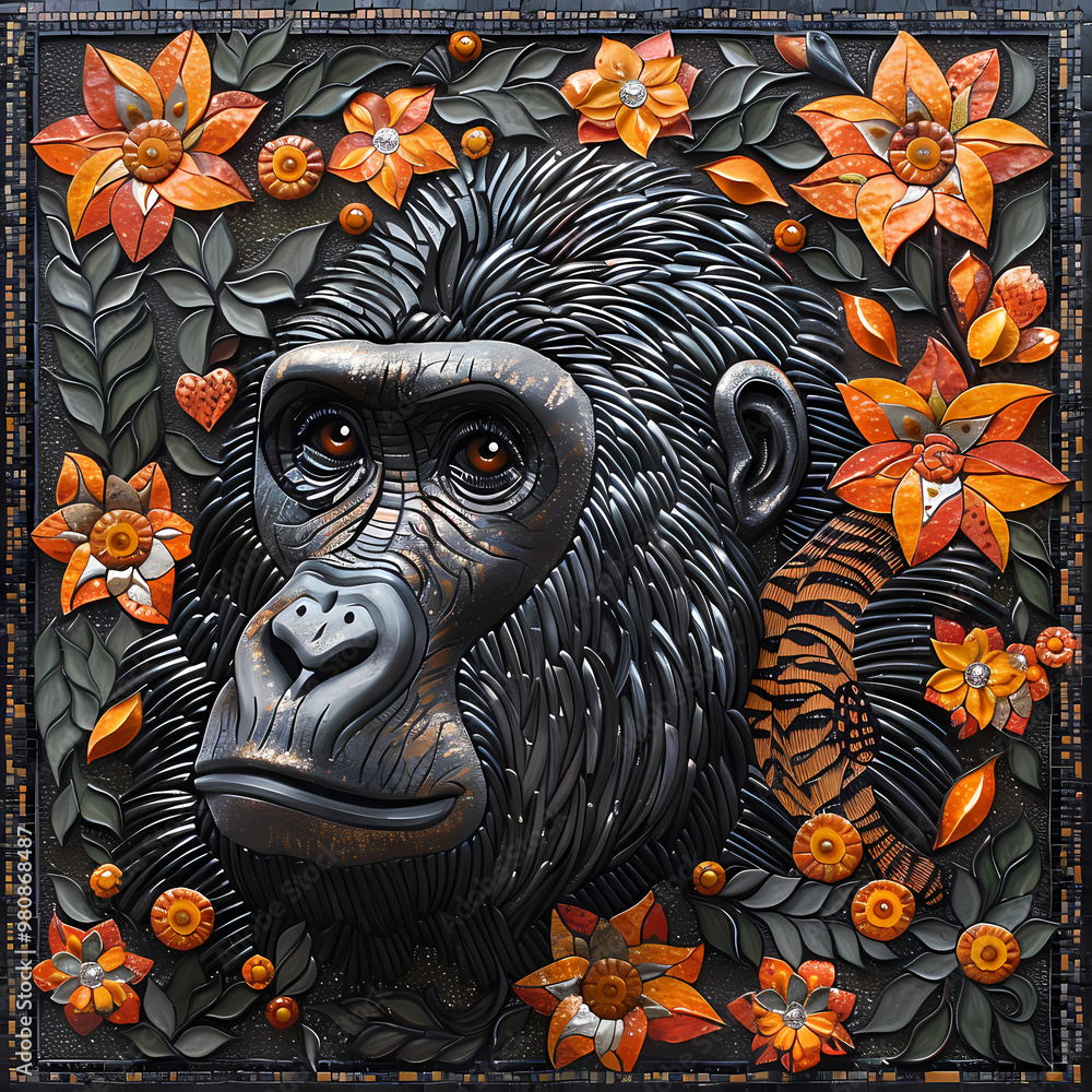 Mosaic artistic image of narrow border of gorilla feathers and tiger lilie Mosaic artistic image of narrow border of gorilla feathers and tiger lilie