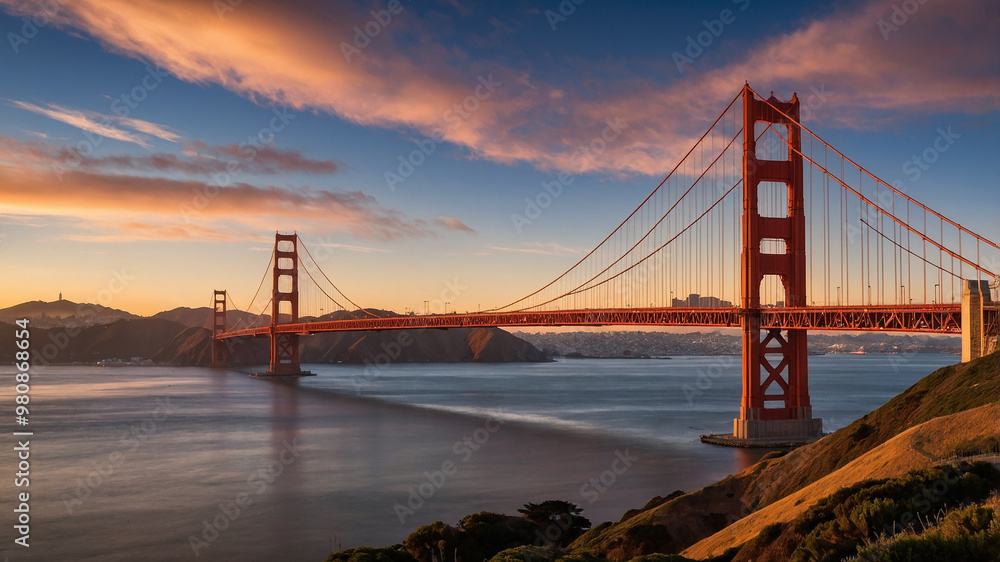 Golden Gate Bridge during sunset with San Francisco skyline visible in the background, beautiful scenery. Golden Gate Bridge during sunset with San Francisco skyline visible in the background, beautiful scenery.