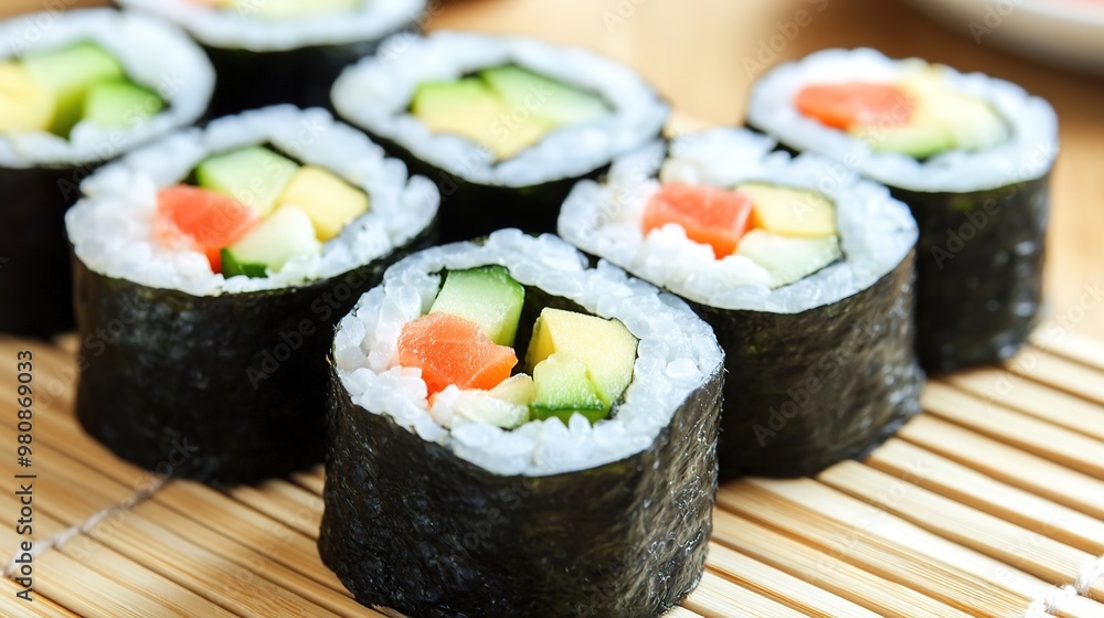 Close-up sushi rolls on bamboo mat Close-up sushi rolls on bamboo mat