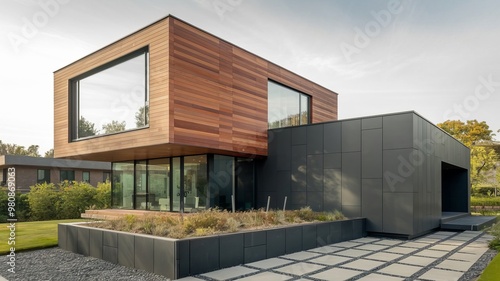 Contemporary luxury minimalist cubic villa with wooden cladding, black panel walls, and a landscaped front yard. Residential exterior design.