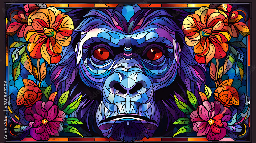 Stained glass vector-style image of beautiful gorilla , tropical flowers, bird feathers, color coordinated abstract expressionism surrealism apophysis paisley design Stained glass vector-style image of beautiful gorilla , tropical flowers, bird feathers, color coordinated abstract expressionism surrealism apophysis paisley design