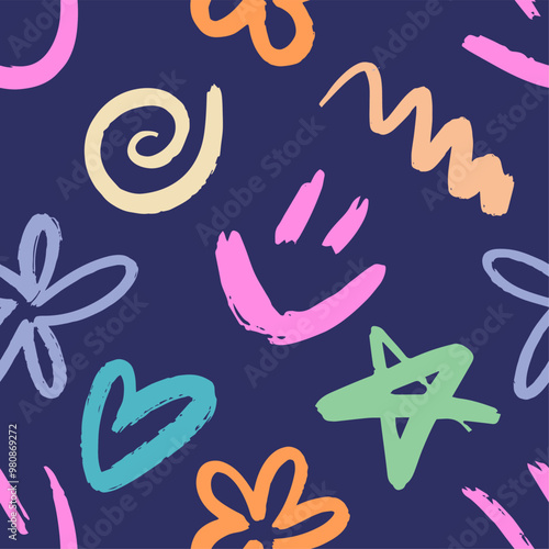 Playful Graffiti Seamless Pattern in Neon Colors. Urban typography print with Smile, Squiggle, Heart, Daisy. Abstract graphic underground unisex design for t-shirts and sweatshirt for teenagers.