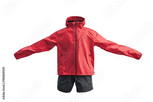 Red hooded jacket and dark blue sports shorts isolated on white background. fashionable casual wear photo